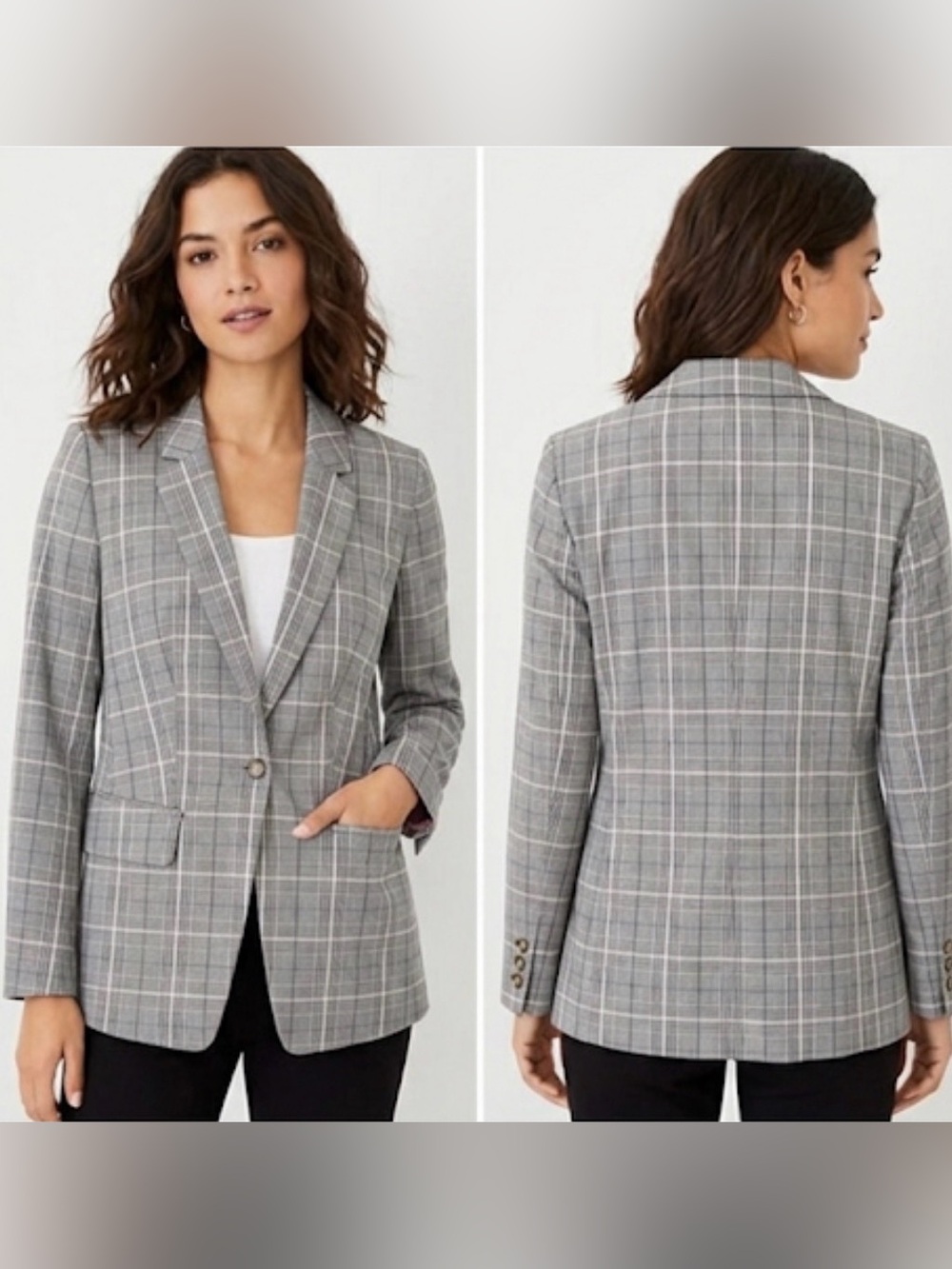 LOFT Gray Plaid Single-Button Blazer